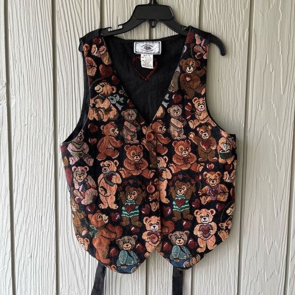 Vintage Tapestry Teddy Bear Vest Size 14 Kids, Fits Women’s XS, Heart Patch - Picture 1 of 6